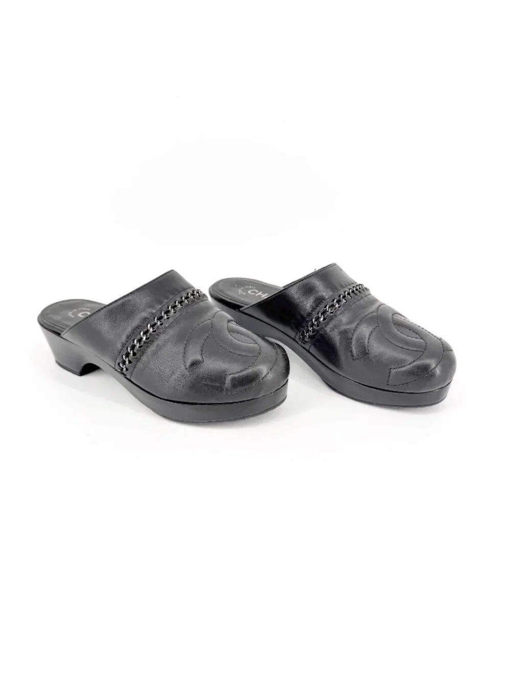 Chanel Black Leather CC Chain Mule Slip On Clogs Flats Size 36 US 5–5.5 Women's